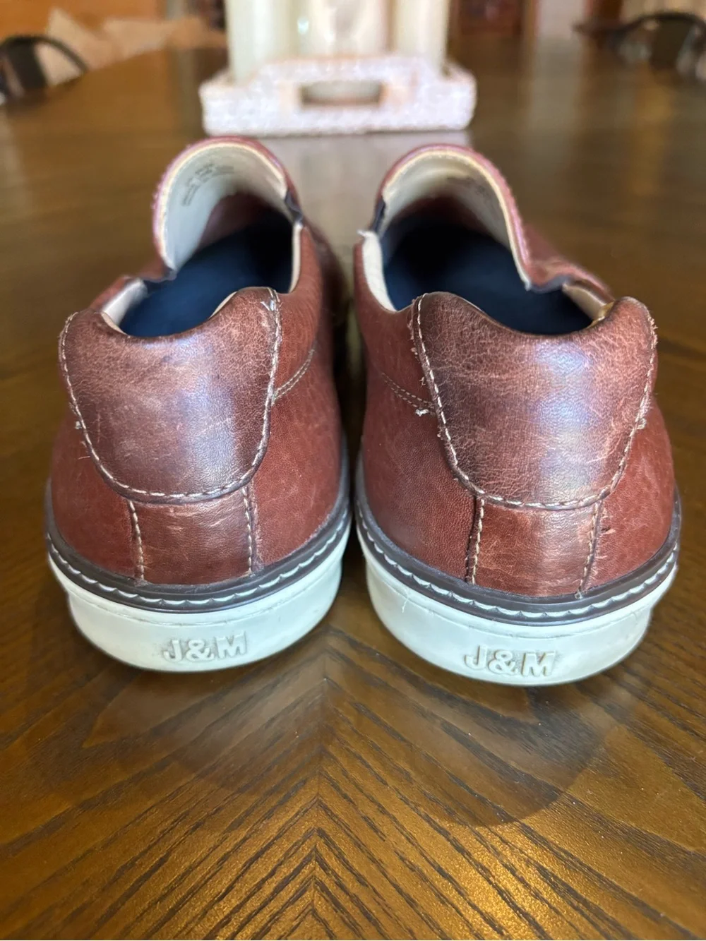 J&M Men’s Brown Leather Slip-On Loafers Sneakers Sheepskin Lined Shoes Size 10M